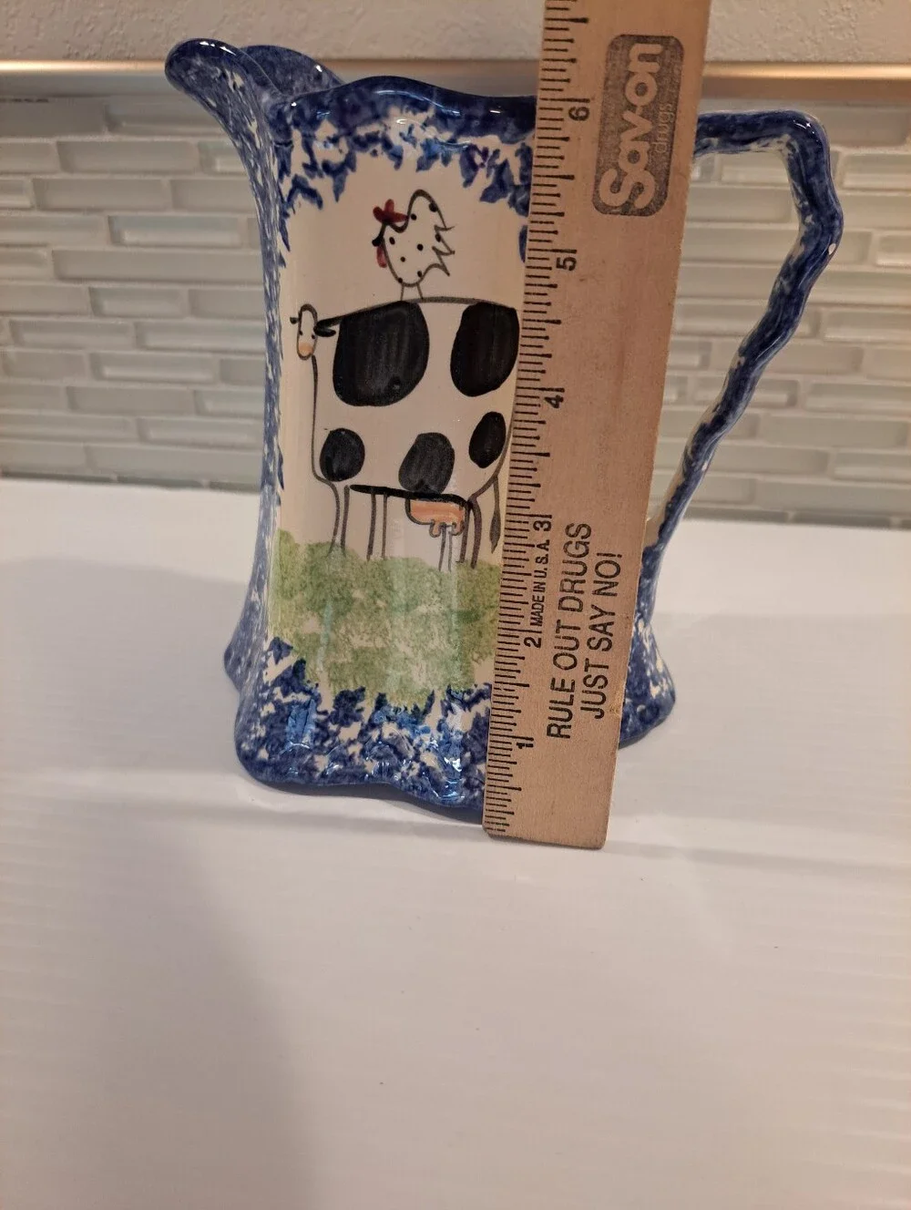 Molly Dallas Pottery Blue Spatterware Folk Art Cow Rooster Pitcher Jug Carafe